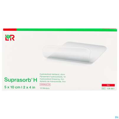 Sie sehen eine Packung Suprasorb H Hydrokolloid-verband Duenn 5x10cm 10st, Produktbild: 01 Suprasorb H Hydrokolloid-verband Duenn 5x10cm 10st, A-Nr.: 5095100 - 01