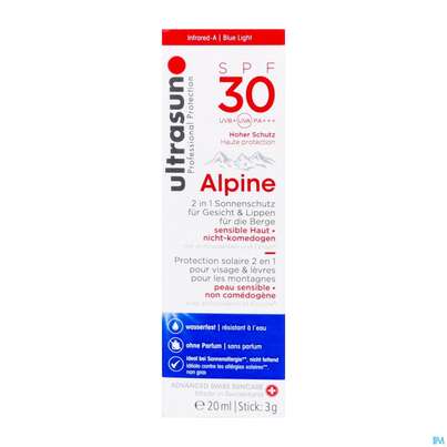 Sie sehen eine Packung Sonnenprodukte Ultrasun 20ml+2,3g Alpine Compi Spf30 62550 1st, Produktbild: 02 Sonnenprodukte Ultrasun 20ml+2,3g Alpine Compi Spf30 62550 1st, A-Nr.: 4604108 - 02