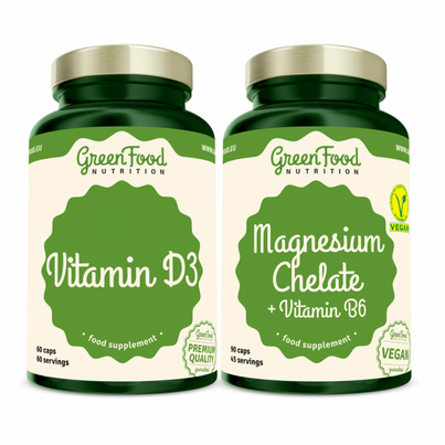 Sie sehen eine Packung GreenFood Nutrition Magnesium Chelate + Vitamin B6 90 Kapseln + Vitamin D3 60 Kapseln, Produktbild: 01 GreenFood Nutrition Magnesium Chelate + Vitamin B6 90 Kapseln + Vitamin D3 60 Kapseln, A-Nr.: 5833822 - 01