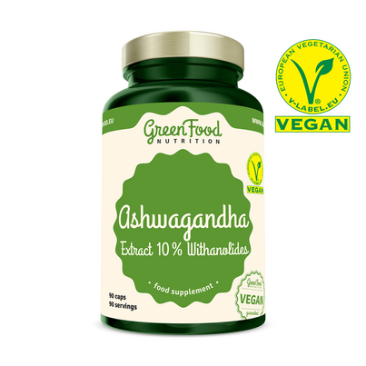 Sie sehen eine Packung GreenFood Nutrition Ashwagandha Extrakt 10 % Withanolides 90 Kapseln, Produktbild: 01 GreenFood Nutrition Ashwagandha Extrakt 10 % Withanolides 90 Kapseln, A-Nr.: 5634784 - 01