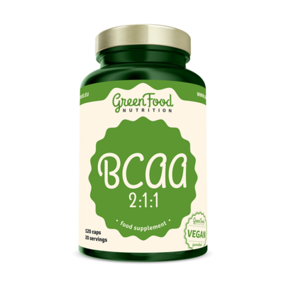 Sie sehen eine Packung GreenFood Nutrition BCAA 2:1:1 120 Kapseln, Produktbild: 01 GreenFood Nutrition BCAA 2:1:1 120 Kapseln, A-Nr.: 5634028 - 01