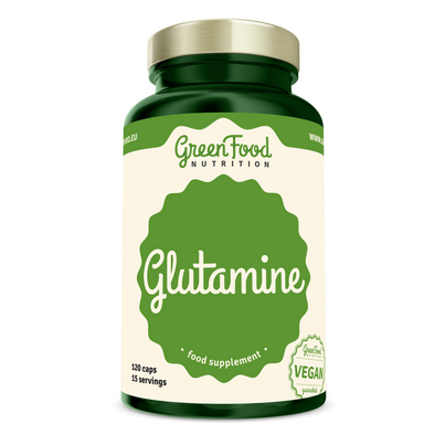 Sie sehen eine Packung GreenFood Nutrition Glutamin 120 Kapseln, Produktbild: 01 GreenFood Nutrition Glutamin 120 Kapseln, A-Nr.: 5634086 - 01