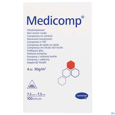 Sie sehen eine Packung Kompressen Medicomp Vliesstoff 4fach Unsteril 7,5x 7,5cm 100st, Produktbild: 02 Kompressen Medicomp Vliesstoff 4fach Unsteril 7,5x 7,5cm 100st, A-Nr.: 1652035 - 02