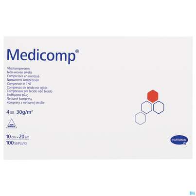 Sie sehen eine Packung Kompressen Medicomp Vliesstoff 4fach Unsteril 10x 20cm 100st, Produktbild: 02 Kompressen Medicomp Vliesstoff 4fach Unsteril 10x 20cm 100st, A-Nr.: 1652058 - 02