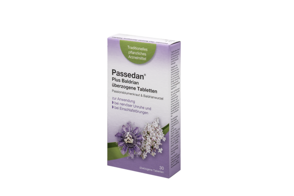 Sie sehen eine Packung Passedan® Plus Baldrian überzogene Tabletten, Produktbild: 02 Passedan® Plus Baldrian überzogene Tabletten, A-Nr.: 6052452 - 02