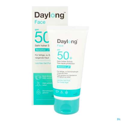Sie sehen eine Packung Sonnenprodukte Daylong/sensitive Face Gel-fluid Spf50+ 50ml, Produktbild: 02 Sonnenprodukte Daylong/sensitive Face Gel-fluid Spf50+ 50ml, A-Nr.: 5688171 - 02