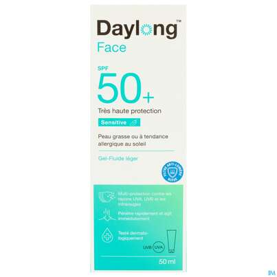 Sie sehen eine Packung Sonnenprodukte Daylong/sensitive Face Gel-fluid Spf50+ 50ml, Produktbild: 05 Sonnenprodukte Daylong/sensitive Face Gel-fluid Spf50+ 50ml, A-Nr.: 5688171 - 05