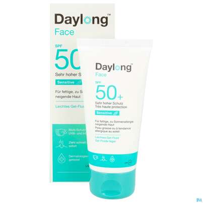 Sie sehen eine Packung Sonnenprodukte Daylong/sensitive Face Gel-fluid Spf50+ 50ml, Produktbild: 10 Sonnenprodukte Daylong/sensitive Face Gel-fluid Spf50+ 50ml, A-Nr.: 5688171 - 10