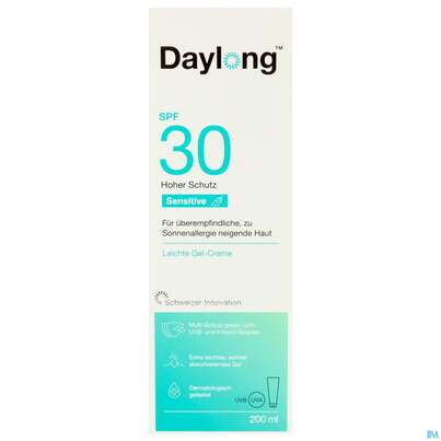 Sie sehen eine Packung Sonnenprodukte Daylong/sensitive Gel-creme Spf30 200ml, Produktbild: 01 Sonnenprodukte Daylong/sensitive Gel-creme Spf30 200ml, A-Nr.: 5688082 - 01