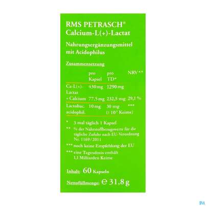 Rms-petrasch Kapseln +acidophilus Calcium L (+) Lactat Petrasch 60st, A-Nr.: 2332479 - 03