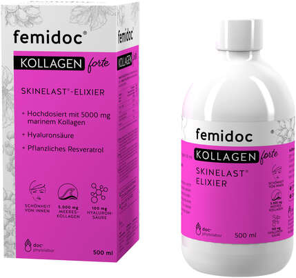 Sie sehen eine Packung femidoc® KOLLAGEN forte SKINELAST®-ELIXIER, Produktbild: 01 femidoc® KOLLAGEN forte SKINELAST®-ELIXIER, A-Nr.: 5983786 - 01