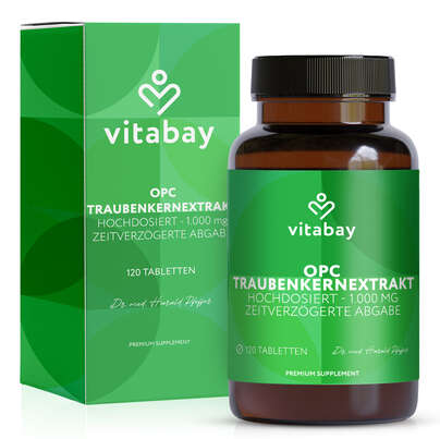 Sie sehen eine Packung Vitabay OPC Traubenkernextrakt Hochdosiert - 1000 MG, Produktbild: 01 Vitabay OPC Traubenkernextrakt Hochdosiert - 1000 MG, A-Nr.: 6049266 - 01