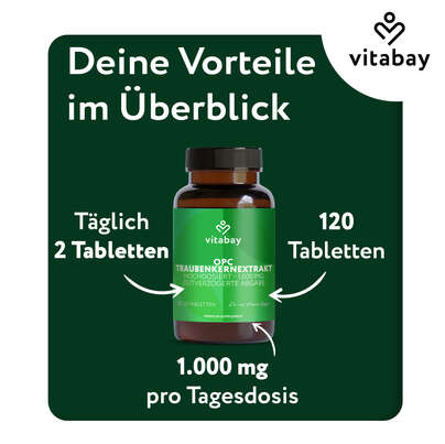 Sie sehen eine Packung Vitabay OPC Traubenkernextrakt Hochdosiert - 1000 MG, Produktbild: 06 Vitabay OPC Traubenkernextrakt Hochdosiert - 1000 MG, A-Nr.: 6049266 - 06