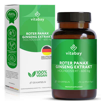 Sie sehen eine Packung Vitabay Roter Panax Ginseng Extrakt Hochdosiert - 600 mg, Produktbild: 01 Vitabay Roter Panax Ginseng Extrakt Hochdosiert - 600 mg, A-Nr.: 6047439 - 01