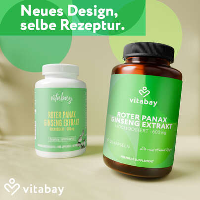 Sie sehen eine Packung Vitabay Roter Panax Ginseng Extrakt Hochdosiert - 600 mg, Produktbild: 02 Vitabay Roter Panax Ginseng Extrakt Hochdosiert - 600 mg, A-Nr.: 6047439 - 02