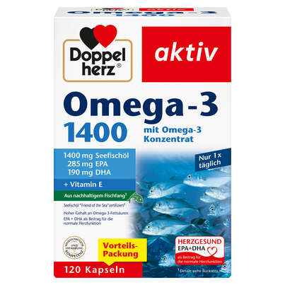 Sie sehen eine Packung Doppelherz Omega-3 1400, Produktbild: 01 Doppelherz Omega-3 1400, A-Nr.: 5677977 - 01