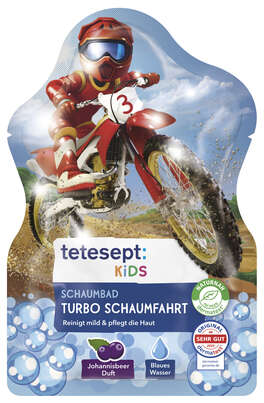 Sie sehen eine Packung TETESEPT KIDS SCHAUMBAD Turbo Schaumfahrt 40ml, Produktbild: 02 TETESEPT KIDS SCHAUMBAD Turbo Schaumfahrt 40ml, A-Nr.: 6117654 - 02
