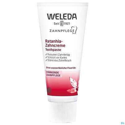 Sie sehen eine Packung Zahnpaste Weleda Rathania-creme 75ml, Produktbild: 04 Zahnpaste Weleda Rathania-creme 75ml, A-Nr.: 2217548 - 04