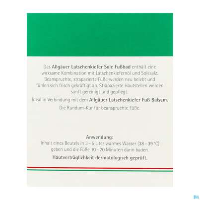 Sie sehen eine Packung Allgaeuer Latschenkiefer Sole-fussbad 10x10 100g, Produktbild: 03 Allgaeuer Latschenkiefer Sole-fussbad 10x10 100g, A-Nr.: 0864574 - 03
