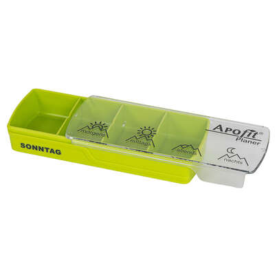 Sie sehen eine Packung APOfit Wochendispenser 7 Dosierer Planer grün, Produktbild: 03 APOfit Wochendispenser 7 Dosierer Planer grün, A-Nr.: 6103391 - 03