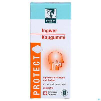 Sie sehen eine Packung Baders Protect Ingwer Kaugummi -cur 20st, Produktbild: 01 Baders Protect Ingwer Kaugummi -cur 20st, A-Nr.: 5383862 - 01
