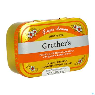 Sie sehen eine Packung Grethers Pastillen Zuckerfrei Ginger Lemon 110g, Produktbild: 03 Grethers Pastillen Zuckerfrei Ginger Lemon 110g, A-Nr.: 5971955 - 03