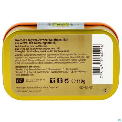 Sie sehen eine Packung Grethers Pastillen Zuckerfrei Ginger Lemon 110g, Produktbild: 04 Grethers Pastillen Zuckerfrei Ginger Lemon 110g, A-Nr.: 5971955 - 04