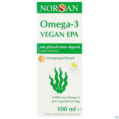 Sie sehen eine Packung Omega -3 Norsan Oel/vegan/epa/hochd. Orangengeschmack 100ml, Produktbild: 01 Omega -3 Norsan Oel/vegan/epa/hochd. Orangengeschmack 100ml, A-Nr.: 5948034 - 01