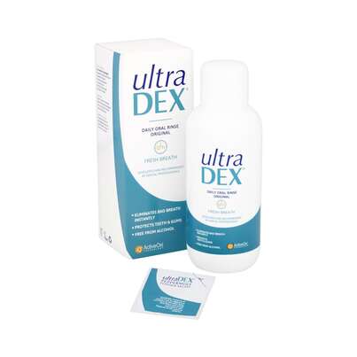 Sie sehen eine Packung UltraDEX Mundspülung Original, Produktbild: 01 UltraDEX Mundspülung Original, A-Nr.: 6124134 - 01