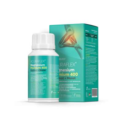 Sie sehen eine Packung ACURAFLEX® Magnesium Premium 400 Glycinat + Malat – 100 Kapseln, Produktbild: 01 ACURAFLEX® Magnesium Premium 400 Glycinat + Malat – 100 Kapseln, A-Nr.: 6130761 - 01