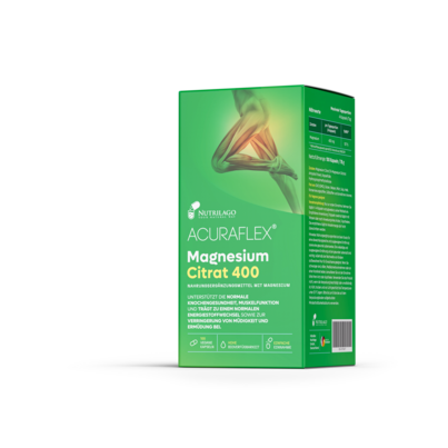 Sie sehen eine Packung ACURAFLEX® Magnesium Citrat 400 – 100 Kapseln mit 400 mg Magnesium, Produktbild: 02 ACURAFLEX® Magnesium Citrat 400 – 100 Kapseln mit 400 mg Magnesium, A-Nr.: 6130755 - 02