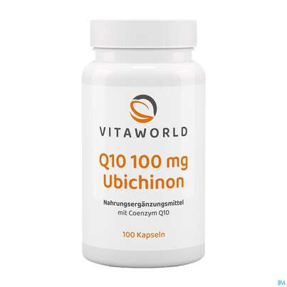 Sie sehen eine Packung Coenzym Q10 Kapseln 100mg Vegan Ubichinon Vita World 100st, Produktbild: 02 Coenzym Q10 Kapseln 100mg Vegan Ubichinon Vita World 100st, A-Nr.: 4836362 - 02