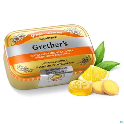 Sie sehen eine Packung Grethers Pastillen Zuckerfrei Ginger Lemon 110g, Produktbild: 09 Grethers Pastillen Zuckerfrei Ginger Lemon 110g, A-Nr.: 5971955 - 09