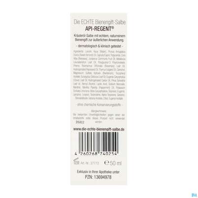 Sie sehen eine Packung Bienengift Salbe Echt Api Regent 50ml, Produktbild: 06 Bienengift Salbe Echt Api Regent 50ml, A-Nr.: 5849467 - 06