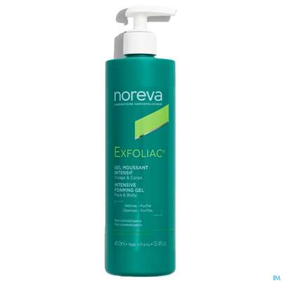Sie sehen eine Packung Noreva Exfoliac Reinigungsgel Intensiv 400ml, Produktbild: 02 Noreva Exfoliac Reinigungsgel Intensiv 400ml, A-Nr.: 5937361 - 02
