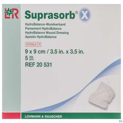 Sie sehen eine Packung Suprasorb/x Hydrobalance Wundverband Kompresse 9x 9cm 5st, Produktbild: 01 Suprasorb/x Hydrobalance Wundverband Kompresse 9x 9cm 5st, A-Nr.: 3065141 - 01