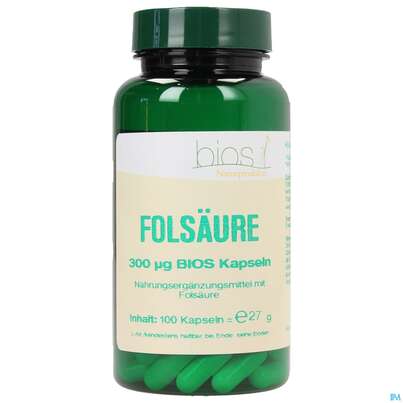 Sie sehen eine Packung Bios Folsäure 300 µg 100 Kapseln, Produktbild: 01 Bios Folsäure 300 µg 100 Kapseln, A-Nr.: 3891198 - 01