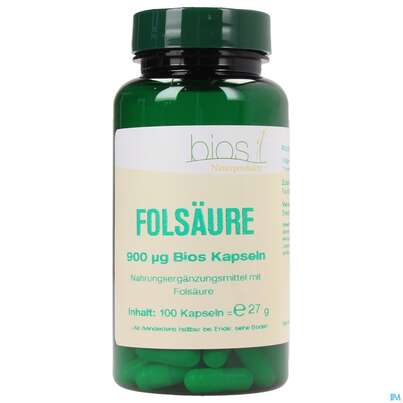Sie sehen eine Packung Bios Folsäure 900 µg 100 Kapseln, Produktbild: 01 Bios Folsäure 900 µg 100 Kapseln, A-Nr.: 3891206 - 01