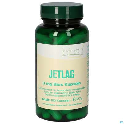 Sie sehen eine Packung Bios Jetlag 3mg 100 Kapseln, Produktbild: 01 Bios Jetlag 3mg 100 Kapseln, A-Nr.: 4246962 - 01