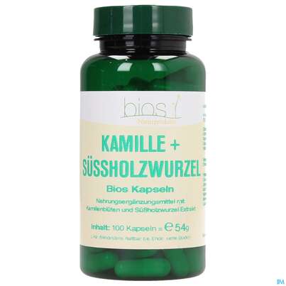 Sie sehen eine Packung Bios Kamillen + Süssholzwurzel 100 Kapseln, Produktbild: 01 Bios Kamillen + Süssholzwurzel 100 Kapseln, A-Nr.: 3891755 - 01