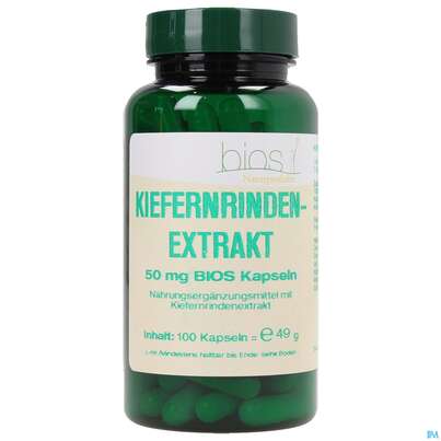 Sie sehen eine Packung Bios Kiefernrindenextrakt 50mg 100 Kapseln, Produktbild: 01 Bios Kiefernrindenextrakt 50mg 100 Kapseln, A-Nr.: 3891790 - 01