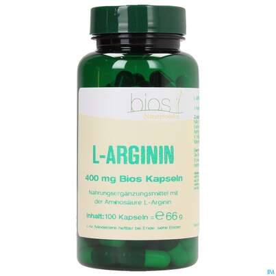Sie sehen eine Packung Bios l-arginin 400mg 100 Kapseln, Produktbild: 01 Bios l-arginin 400mg 100 Kapseln, A-Nr.: 3891933 - 01