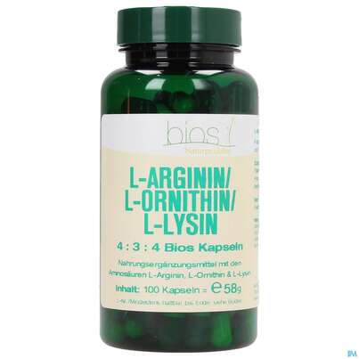 Bios l-arginin/l-ornithin/l-lysin 4:3:4 100 Kapseln, A-Nr.: 3891956 - 01