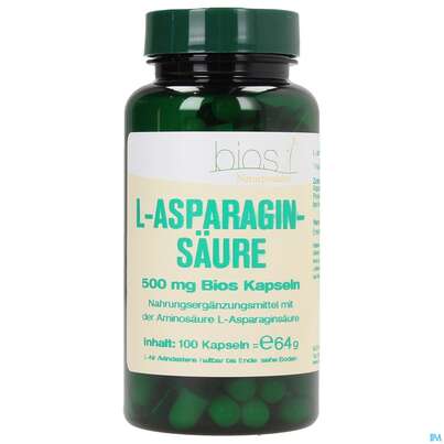 Sie sehen eine Packung Bios l-asparaginsäure 500mg Kapseln 100 Kapseln, Produktbild: 01 Bios l-asparaginsäure 500mg Kapseln 100 Kapseln, A-Nr.: 3891985 - 01