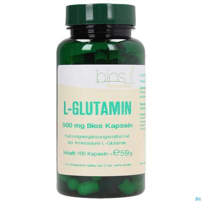 Sie sehen eine Packung Bios l-glutamin 500mg 100 Kapseln, Produktbild: 01 Bios l-glutamin 500mg 100 Kapseln, A-Nr.: 3892074 - 01