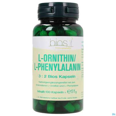 Sie sehen eine Packung Bios l-ornithin/l-phenylalanin 3:2 100 Kapseln, Produktbild: 01 Bios l-ornithin/l-phenylalanin 3:2 100 Kapseln, A-Nr.: 3892200 - 01