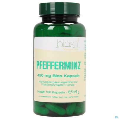 Sie sehen eine Packung Bios Pfefferminz 450mg 100 Kapseln, Produktbild: 01 Bios Pfefferminz 450mg 100 Kapseln, A-Nr.: 3892677 - 01