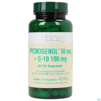 Sie sehen eine Packung Bios Pycnogenol® 50mg + Q-10 100mg 100 Kapseln, Produktbild: 01 Bios Pycnogenol® 50mg + Q-10 100mg 100 Kapseln, A-Nr.: 3892772 - 01