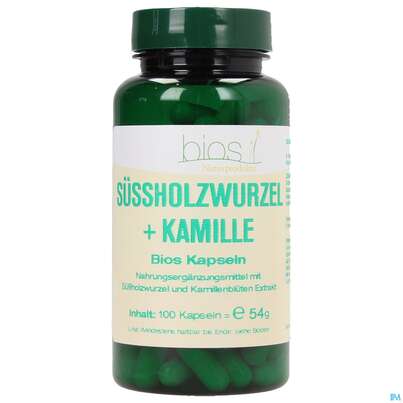 Sie sehen eine Packung Bios Süssholzwurzel + Kamille 100 Kapseln, Produktbild: 01 Bios Süssholzwurzel + Kamille 100 Kapseln, A-Nr.: 3893257 - 01