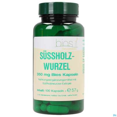 Sie sehen eine Packung Bios Süssholzwurzel 350mg 100 Kapseln, Produktbild: 01 Bios Süssholzwurzel 350mg 100 Kapseln, A-Nr.: 3893240 - 01
